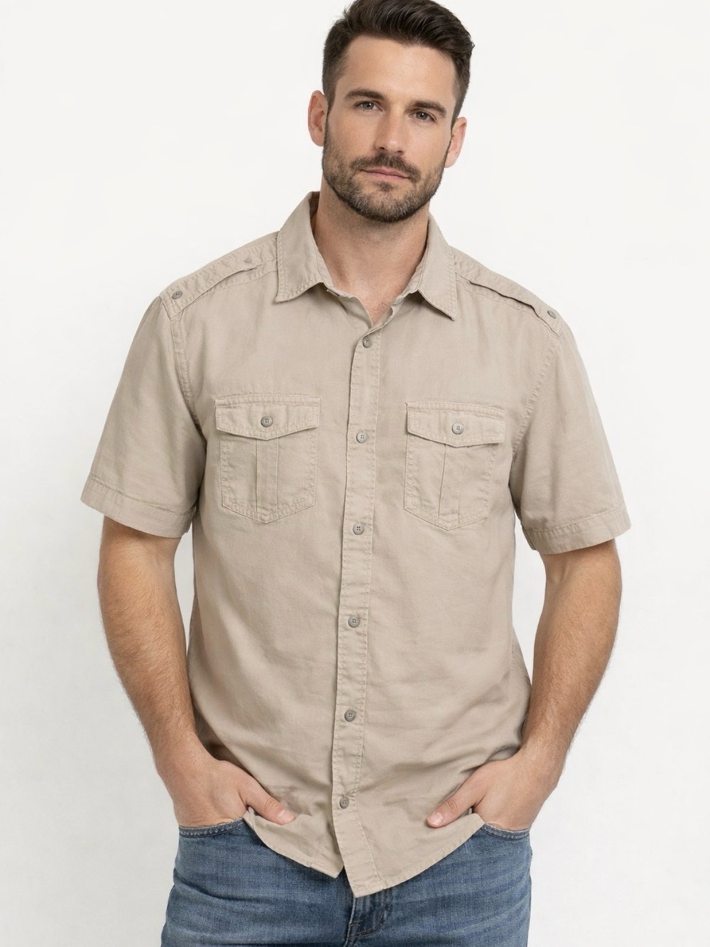 Rock & Republic beige short sleeve shirt mens sz large
